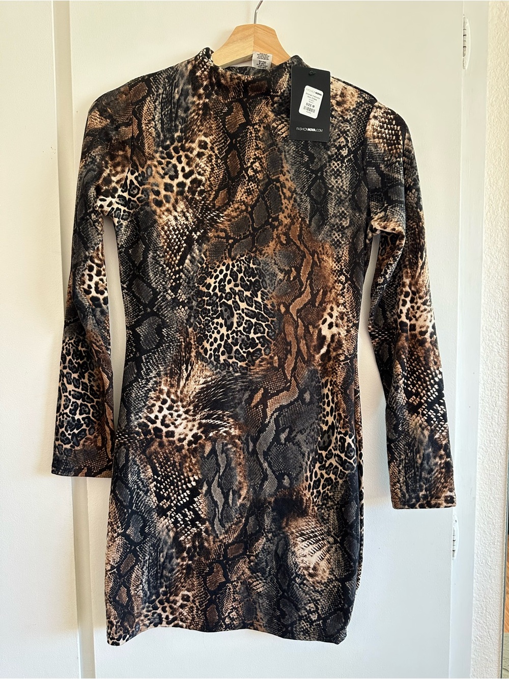 Fashion Nova Brown & Black Animal Print Long Sleeve Bodycon Dress